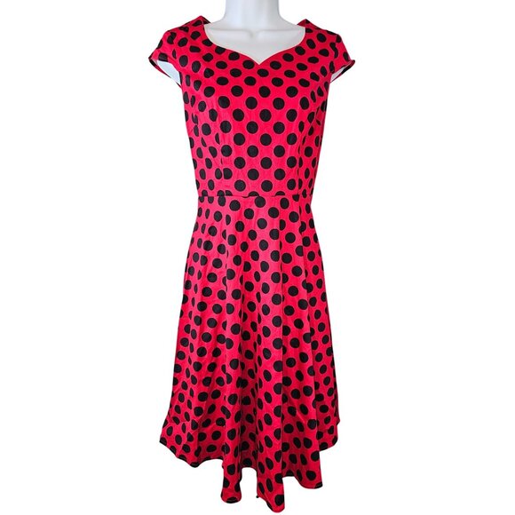 Dress Tells Red Dress Black Polka Dots Size XS Cap Sleeve Flare - Picture 1 of 6